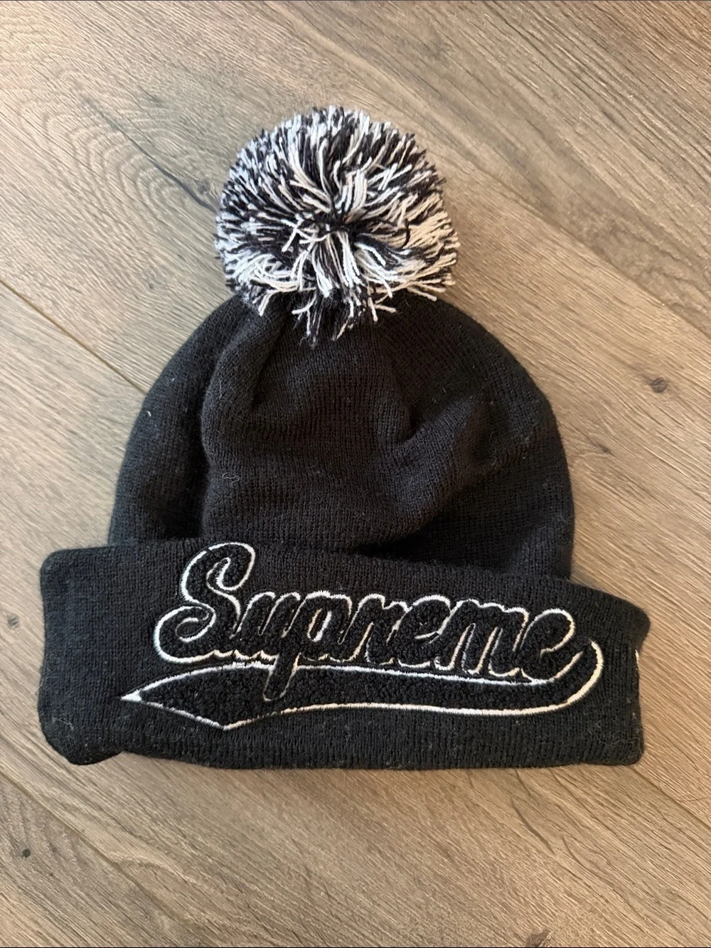 Supreme Black Knit Beanie with Black-and-White Pom